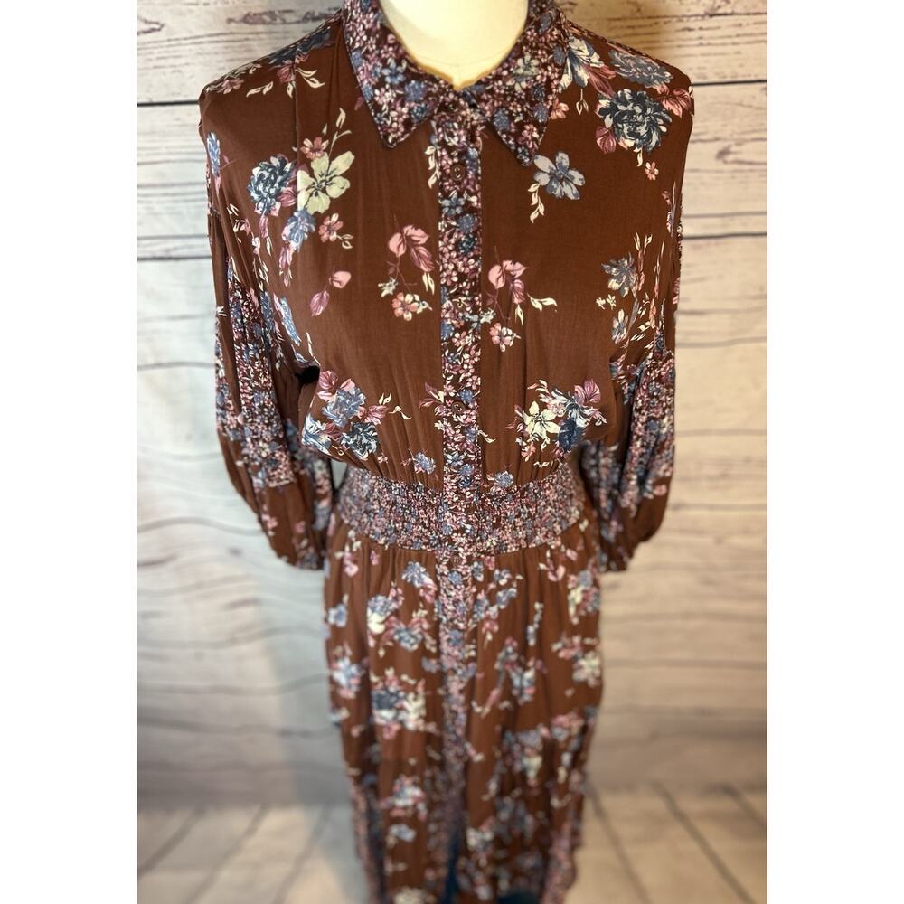 Free People Prairie Punk Maxi Shirtdress Medium Brown Floral Button Front - Picture 2 of 7